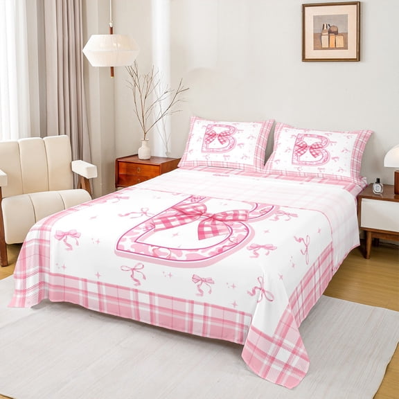 Feelyou Girly Monogrammed B Queen Sheet Sets, Cartoon Pink Bownknot Ribbon Flat Sheet, Princess Buffalo Plaid Queen Fitted Sheet, Super Cozy Room Decor, 4 Pieces