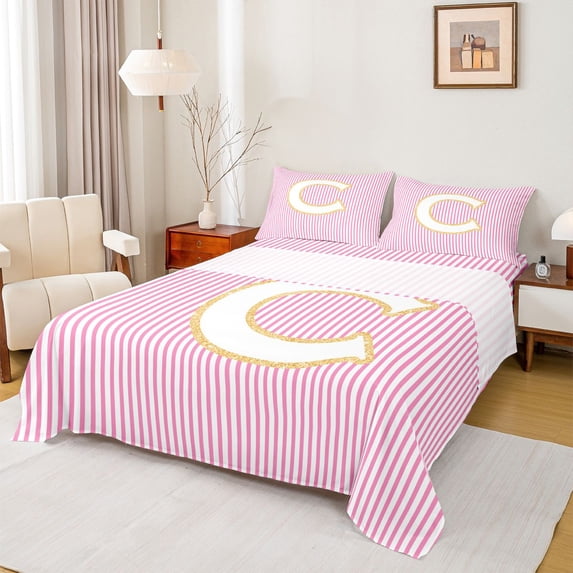 Feelyou Girly Monogrammed C Bed Sheets for Kids, Chic Abstract Stripes King Sheets, Initial Letter Theme Sheet Set, Super Cozy Room Decor, 4-Piece