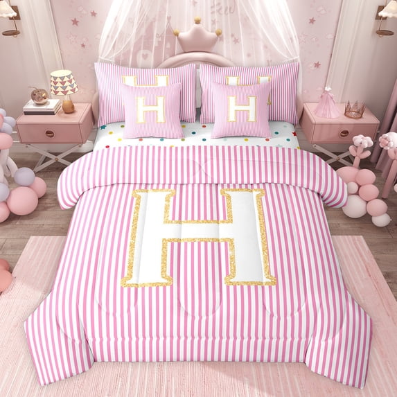 Feelyou Girly Monogrammed H Twin Bedding Sets 7-Piece for Kids, Chic Abstract Stripes Bedding Comforter Set, Initial Letter Theme Reversible Sheet Sets, Ultra Soft Bedroom Decor