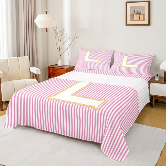 Feelyou Girly Monogrammed L Bed Sheets for Kids, Chic Abstract Stripes King Sheets, Initial Letter Theme Sheet Set, Microfiber Bedroom Decor, 4-Piece