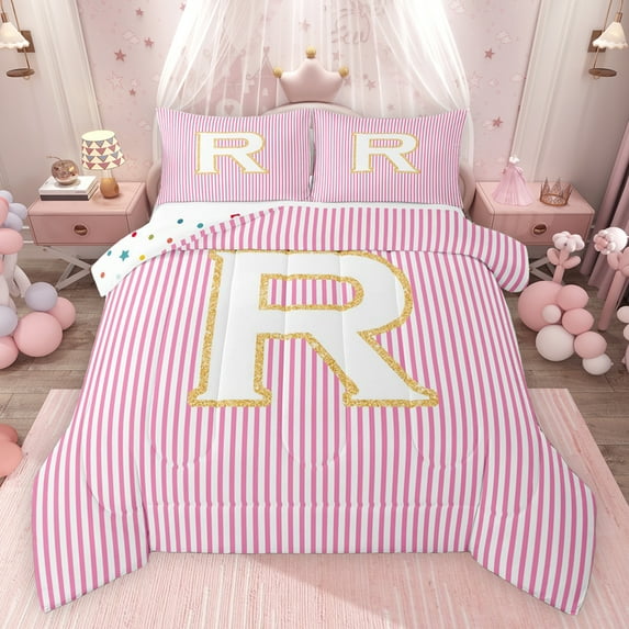 Feelyou Girly Monogrammed R Full Size Comforter Sets for Kids, Chic Abstract Stripes Bedding Comforter Set, Initial Letter Theme Reversible Bedding Sets, Microfiber Bedroom Decor, 3-Piece