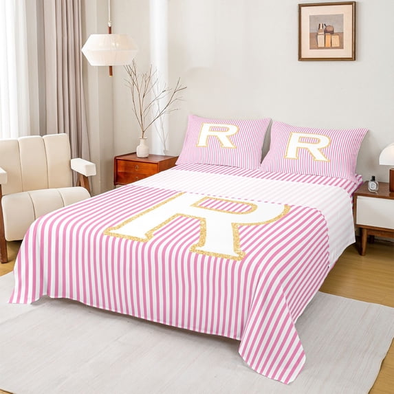 Feelyou Girly Monogrammed R Full Size Sheets for Kids, Chic Abstract Stripes Bed Sheets, Initial Letter Theme Sheet Sets, Microfiber Bedroom Decor, 4-Piece