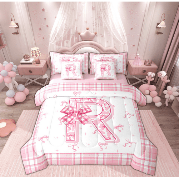 Feelyou Girly Monogrammed R Twin Bedding Sets 7-Piece, Cartoon Pink Bownknot Ribbon Bedding Comforter Set, Princess Buffalo Plaid Reversible Sheet Sets, Luxury Bedroom Decor