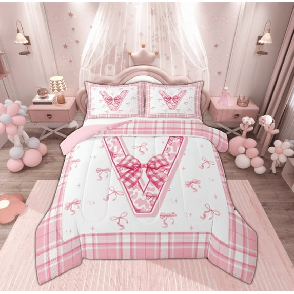Feelyou Girly Monogrammed V Full Size Comforter Sets, Cartoon Pink Bownknot Ribbon Bedding Comforter Set, Princess Buffalo Plaid Reversible Bedding Sets, Breathable Home Decor, 3-Piece