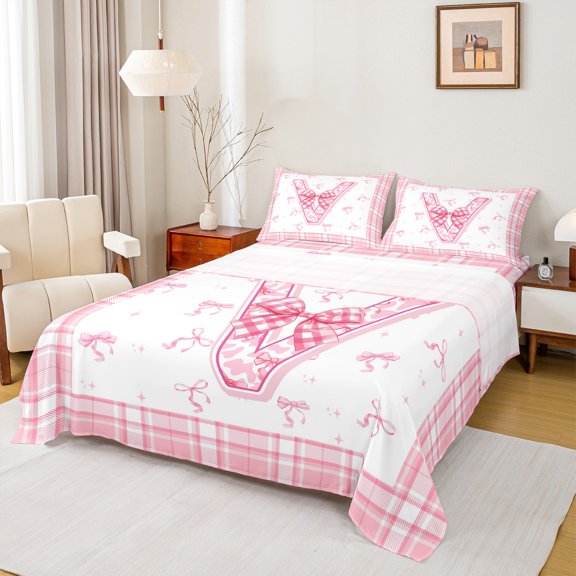 Feelyou Girly Monogrammed V Twin Sheet Sets, Cartoon Pink Bownknot Ribbon Twin Fitted Sheet, Princess Buffalo Plaid Flat Sheet, Breathable Home Decor, 3-Piece
