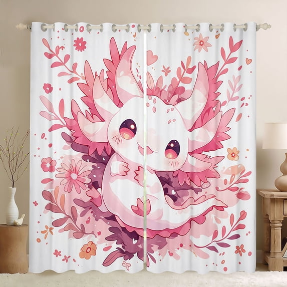 Feelyou Girly Pink Axolotl Curtains Pack of 2 (42x84 Each), Cartoon Cherry Blossoms Curtains Blackout, Teens Kids Girls Women Bedroom Curtains, Blackout Curtains Bedroom Decor