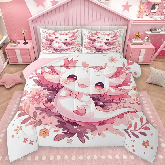 Feelyou Girly Pink Axolotl Queen Comforter Set, Cartoon Cherry Blossoms Bedding Sets, Teens Kids Girls Women Reversible Bedding Comforter Set, Microfiber Bedroom Decor, 3 Pieces