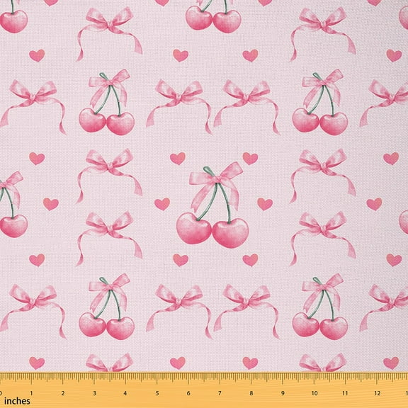 Feelyou Girly Pink Bow Fabric by the Yard 5 Yards, Cartoon Cherry Home Decor Fabric by the Yard, Princess Ribbon Sewing Fabric, Ultra Soft Home Decor