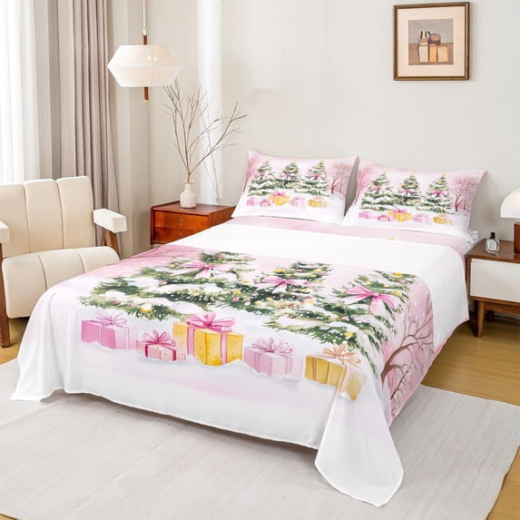 Feelyou Girly Pink Bow-tie Queen Sheet Sets, Winter Jungle Tree Botanical Flat Sheet, Christmas Gifts Queen Fitted Sheet, Breathable Home Decor, 4pcs