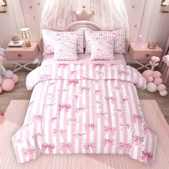 Feelyou Girly Pink Bow-tie Twin Bedding Sets 7pcs, Fashion Abstract Line Comforter Set