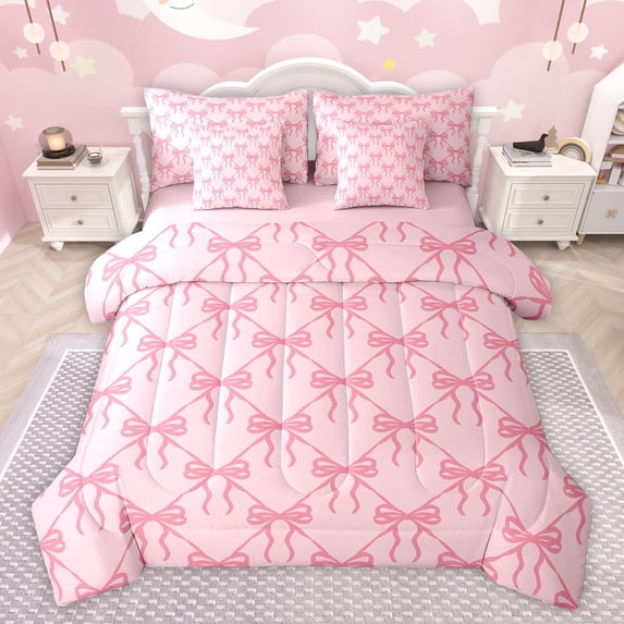 Feelyou Girly Pink Bowknot Bedding Comforter Set 7pcs, Princess Cartoon Bow-tie Queen Bedding Sets, Teens Kids Girls Women Reversible Queen Sheet Sets, Ultra Soft Bedroom Decor