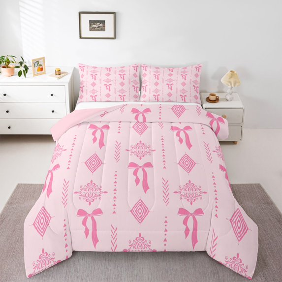 Feelyou Girly Pink Bowknot Full Size Comforter Sets, Retro Boho Damask Bedding Sets, 3pcs