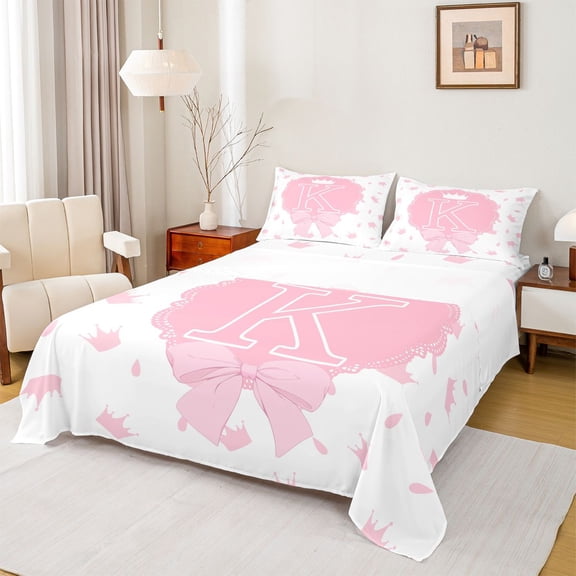 Feelyou Girly Pink Bowknot Initial K Bed Sheets, Kawaii Princess Crown Full Size Sheets, 4 Pieces, 1 Flat Sheet, 1 Fitted Sheet and 2 Pillowcases