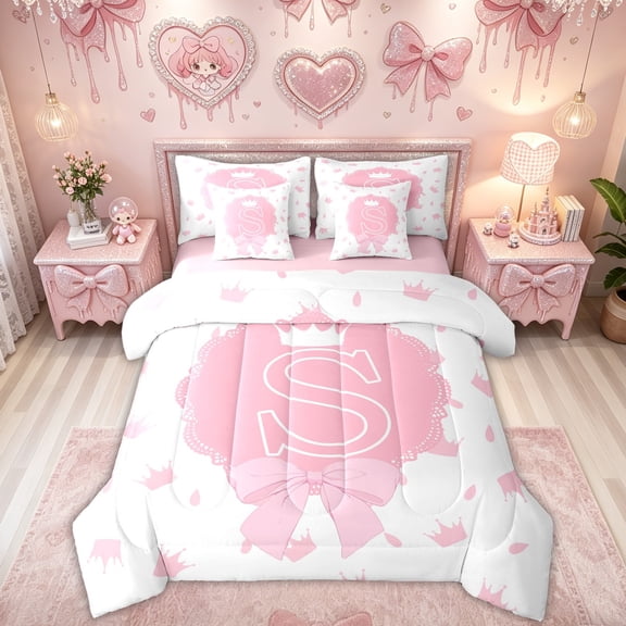 Feelyou Girly Pink Bowknot Initial S Twin Bedding for Girls, Kawaii Princess Crown Bedding Comforter Set, Pink Reversible, 7-Piece