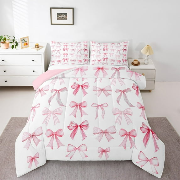 Feelyou Girly Pink Bowknot Queen Comforter Set, Kawaii Princess Bow-tie Bedding Sets, Cartoon Ribbon Style Reversible Bedding Comforter Set, Lightweight Room Decor, 3-Piece