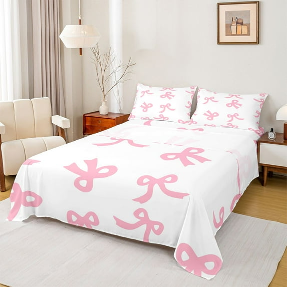 Feelyou Girly Pink Bowknot Queen Sheet Sets, Butterfly Knot Style Bed Set, 4-Piece