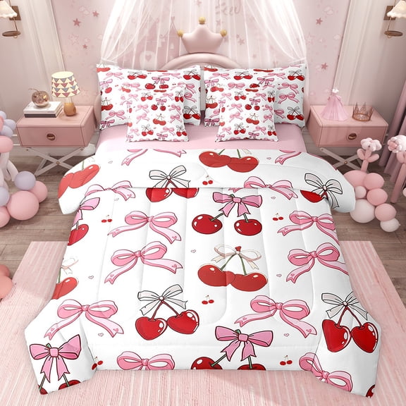 Feelyou Girly Pink Bowknot Twin Bedding Sets 7-Piece fo Kid, Yummy Bow Cherry Bedding Comforter Set, Cartoon Princess Ribbon Reversible Sheet Sets, Microfiber Bedroom Decor
