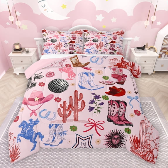 Feelyou Girly Pink Cactus Full Size Comforter Sets, Kawaii Cowgirl Boot Hat Bedding Comforter Set, Western Princess Style Reversible Bedding Sets, Luxury Bedroom Decor, 3 Pieces