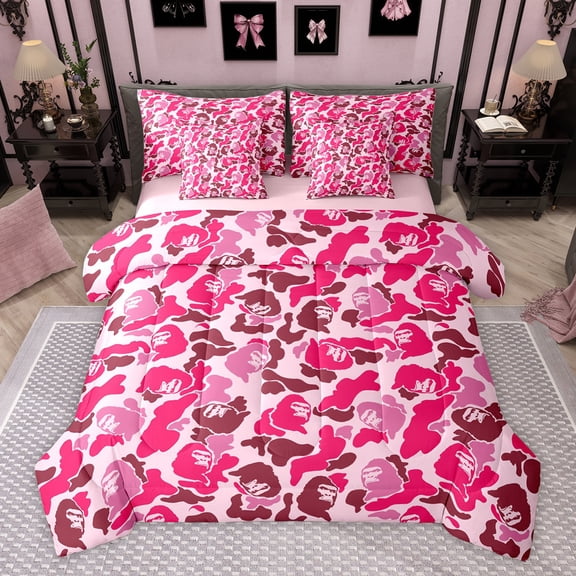 Feelyou Girly Pink Camo Bedding Comforter Set 7 Pieces for Kids, Rustic Farmhouse Hunting Full Bedding Set, Fashion Camouflage Reversible Fitted Sheet Flat Sheet, Ultra Soft Bedroom Decor