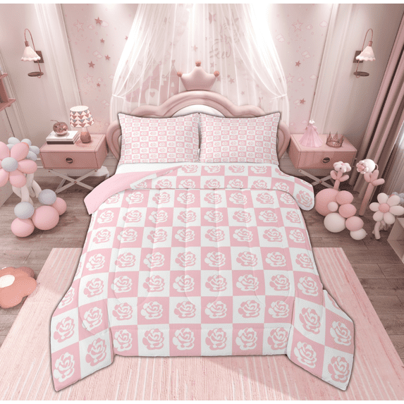 Feelyou Girly Pink Cartoon Queen Comforter Set for Teen, Romantic Rose Flower Bedding Sets, Christmas Buffalo Reversible Bedding Comforter Set, Breathable Home Decor, 3-Piece