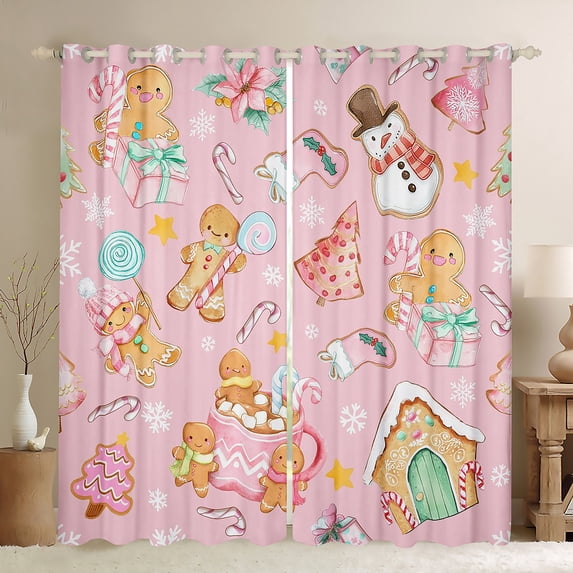 Feelyou Girly Pink Christmas Blackout Curtains Set of 2 (52x84 Each) for Kids, Cute Gingerbread Man Window Curtains, Winter Snowflake Curtains and Drapes, Window Curtains Decor