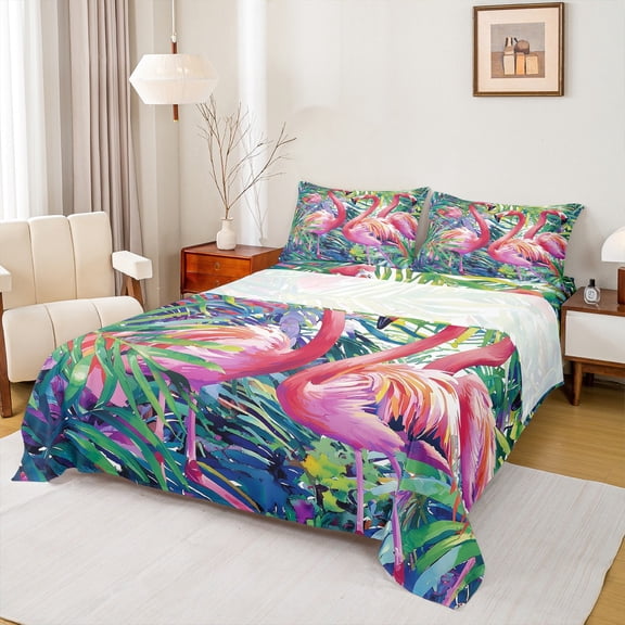 Feelyou Girly Pink Flamingo Bed Sheets, Tropic Palm Leaves King Sheets, Kawaii Summer Animal Sheet Set, Super Cozy Room Decor, 4pcs
