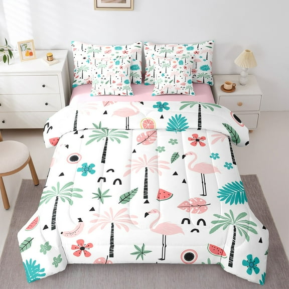 Feelyou Girly Pink Flamingo Bedding Comforter Set 7pcs, Coconut Palm Tree Queen Bedding Sets, Summer Beach Reversible Queen Sheet Sets, Ultra Soft Home Decor