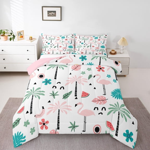 Feelyou Girly Pink Flamingo Bedding Comforter Set, Coconut Palm Tree Twin Comforter Sets, Summer Beach Reversible Bedding Set, Ultra Soft Home Decor, 2 Pieces