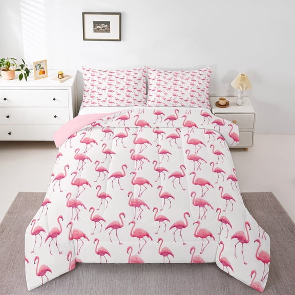 Feelyou Girly Pink Flamingo Bedding Comforter Set, Kawaii Cartoon Animal Twin Comforter Sets, Teen Kid Child Adult Reversible Bedding Set, Breathable Home Decor, 2-Piece