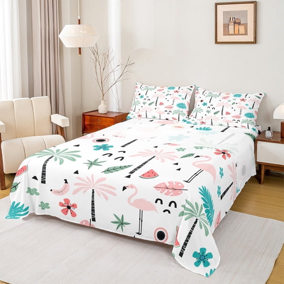 Feelyou Girly Pink Flamingo Queen Sheet Sets, Coconut Palm Tree Flat Sheet, Summer Beach Queen Fitted Sheet, Ultra Soft Home Decor, 4 Pieces