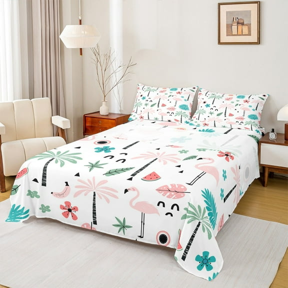 Feelyou Girly Pink Flamingo Twin Sheet Sets, Coconut Palm Tree Twin Fitted Sheet, Summer Beach Flat Sheet, Ultra Soft Home Decor, 3 Pieces