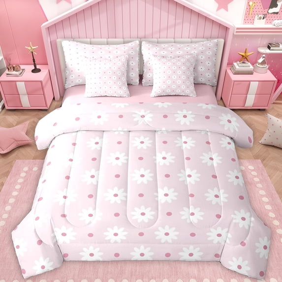 Feelyou Girly Pink Flower Bedding Comforter Set 7pcs, Cherry Blossoms Floral Queen Bedding Sets, Kawaii Princess Cartoon Reversible Queen Sheet Sets, Microfiber Bedroom Decor