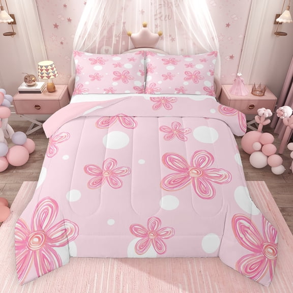 Feelyou Girly Pink Flower Bedding Comforter Set for Kids, Dreamy Blossoms Floral Twin Comforter Sets, Fashion Cartoon Polkadot Reversible Bedding Set, Super Cozy Room Decor, 2 Pieces