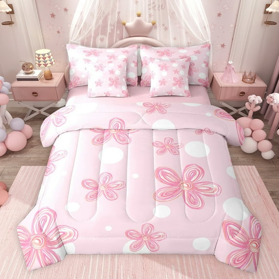 Feelyou Girly Pink Flower Twin Bedding Sets 7-Piece for Kids, Dreamy Blossoms Floral Bedding Comforter Set, Fashion Cartoon Polkadot Reversible Sheet Sets, Super Cozy Room Decor