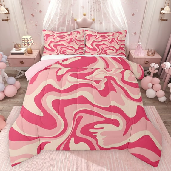 Feelyou Girly Pink Lines Bedding Comforter Set for Teens, Watercolor Twin Comforter Sets, Kawaii Cartoon Theme Reversible Bedding Set, Luxury Bedroom Decor, 2-Piece