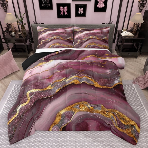 Feelyou Girly Pink Marbling Full Size Comforter Sets, Modern Fashion Art Bedding Comforter Set, Teens Adult Men Women Reversible Bedding Sets, Ultra Soft Bedroom Decor, 3-Piece