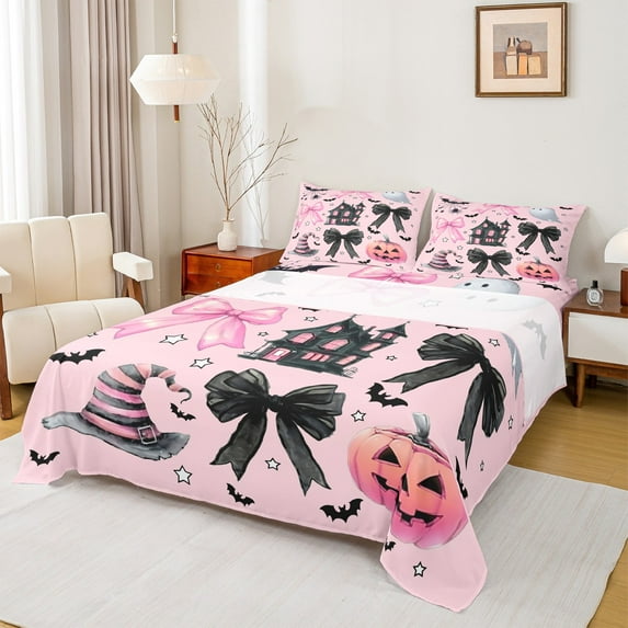 Feelyou Girly Pink Pumpkin Bed Sheets, Princess Bowknot Castle King Sheets, Halloween Witch Hat Sheet Set, Ultra Soft Home Decor, 4 Pieces