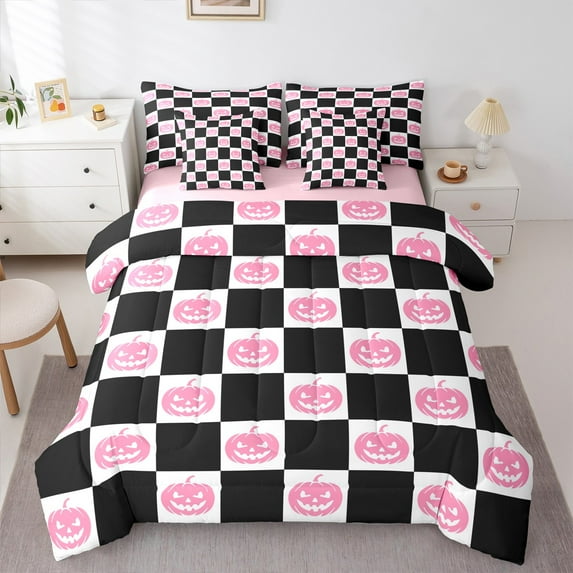 Feelyou Girly Pink Pumpkin Twin Bedding Sets 7-Piece, Happy Sugar Halloween Bedding Comforter Set, Cartoon Buffalo Plaid Reversible Sheet Sets, Breathable Home Decor