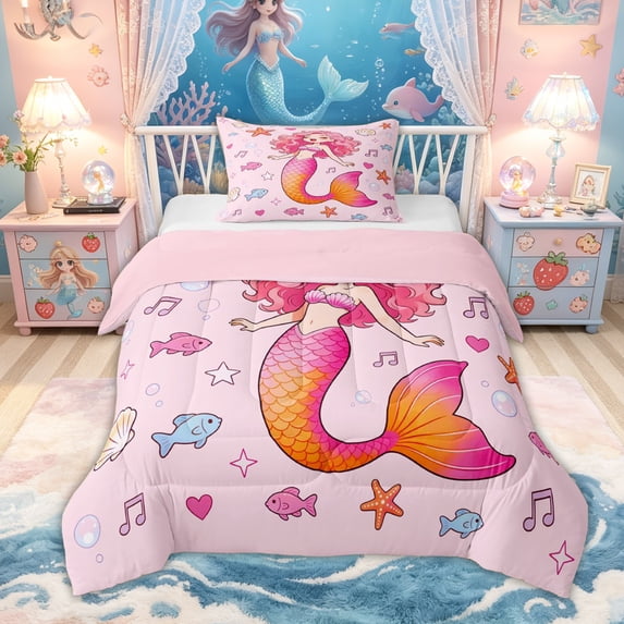 Feelyou Girly Pink Rainbow Mermaid Twin Comforter Sets for Girls, Cute Starfish Animal Bedding Set, Pink Reversible, 2-Piece