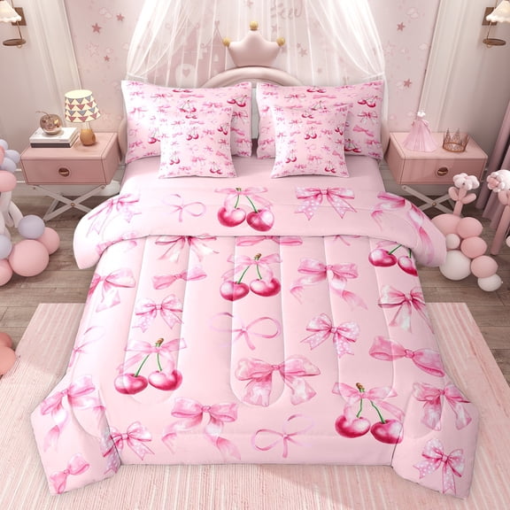 Feelyou Girly Pink Ribbon Bedding Comforter Set 7pcs for Kids, Cartoon Cherry Queen Bedding Sets, Kawaii Bow-tie Bow Reversible Queen Sheet Sets, Microfiber Bedroom Decor