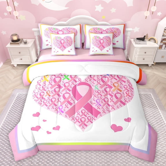 Feelyou Girly Pink Ribbon Bedding Comforter Set 7pcs for Teens, Kawaii Love Heart Queen Bedding Sets, Cute Cartoon Theme Reversible Queen Sheet Sets, Microfiber Bedroom Decor