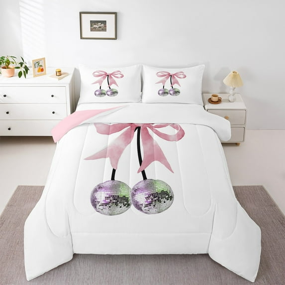 Feelyou Girly Pink Ribbon Bedding Comforter Set for Girls, Kawaii Disco Ball Cherry Twin Comforter Sets, Cute Cartoon Reversible Bedding Set, Ultra Soft Home Decor, 2pcs