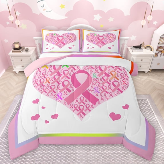 Feelyou Girly Pink Ribbon Full Size Comforter Sets for Teens, Kawaii Love Heart Bedding Comforter Set, Cute Cartoon Theme Reversible Bedding Sets, Microfiber Bedroom Decor, 3 Pieces