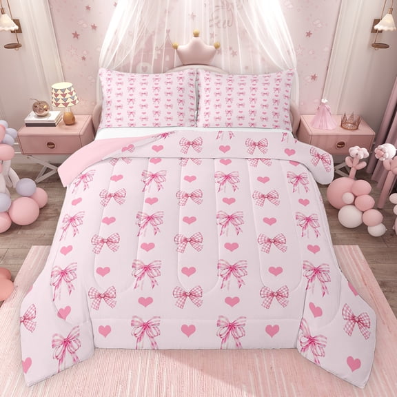 Feelyou Girly Pink Ribbon Queen Comforter Set for Child, Kawaii Love Heart Bedding Sets, Fairy Tale Princess Reversible Bedding Comforter Set, Breathable Home Decor, 3pcs
