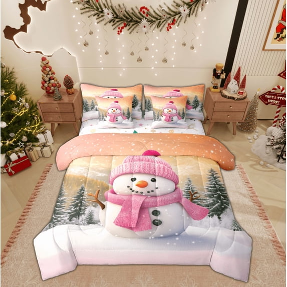 Feelyou Girly Pink Snowman Bedding Comforter Set 7pcs, Dreamy Fairy Tale Queen Bedding Sets, Christmas Tree Snowflake Reversible Queen Sheet Sets, Microfiber Bedroom Decor