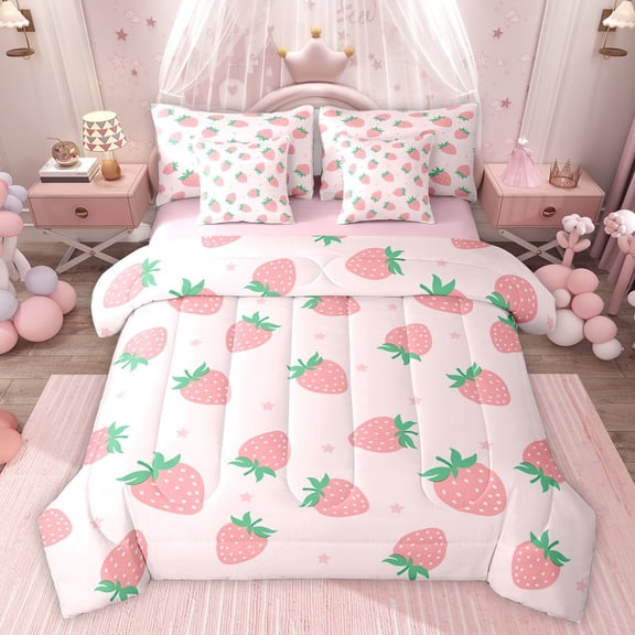 Feelyou Girly Pink Strawberry Bedding Comforter Set 7pcs, Kawaii Stars Print King Bedding Sets, Teens Kids Girls Women Reversible Bed Sheets, Super Cozy Room Decor