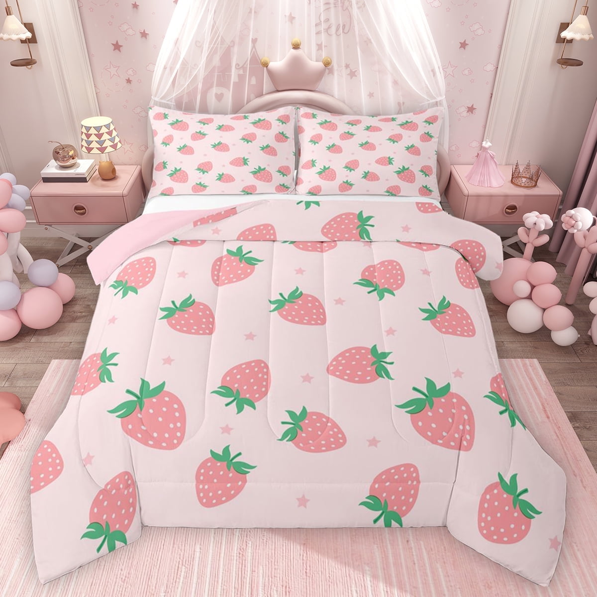 Feelyou Girly Pink Strawberry Bedding Comforter Set, Kawaii Stars Print Twin Comforter Sets, Teens Kids Girls Women Reversible Bedding Set, Super Cozy Room Decor, 2pcs