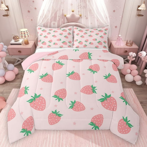 Feelyou Girly Pink Strawberry Queen Comforter Set, Kawaii Stars Print Bedding Sets, Teens Kids Girls Women Reversible Bedding Comforter Set, Super Cozy Room Decor, 3pcs