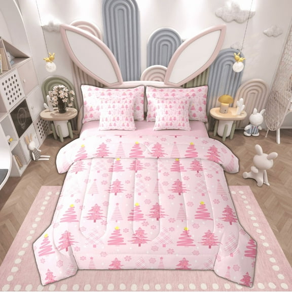 Feelyou Girly Pink Tree Bedding Comforter Set 7 Pieces, Cartoon Winter Snowflake Full Bedding Set, Merry Christmas Theme Reversible Fitted Sheet Flat Sheet, Lightweight Room Decor