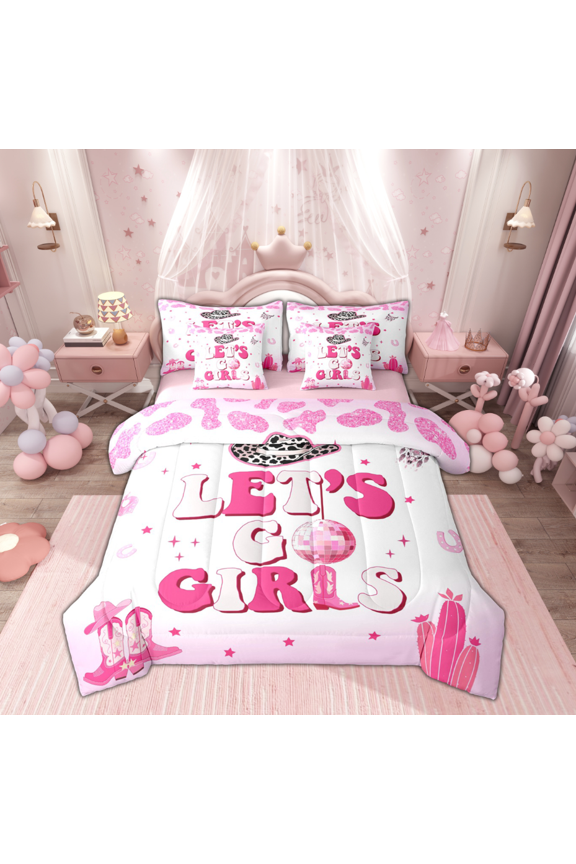 Girly Pink Western Bedding Comforter Set 7-Piece for Kids, Cowgirl Cowboy King Bedding Sets, Princess Cactus Boots Reversible Bed Sheets, Super Cozy Room Decor